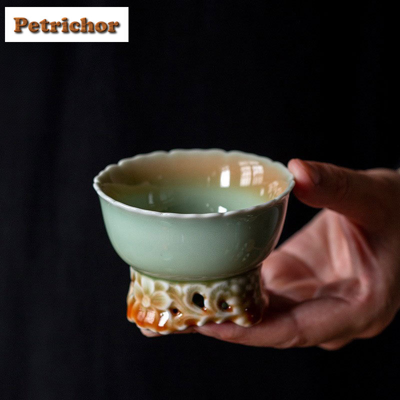 Celadon Ceramic Cup - 90ml Celadon Carved Flower Pressed Hand